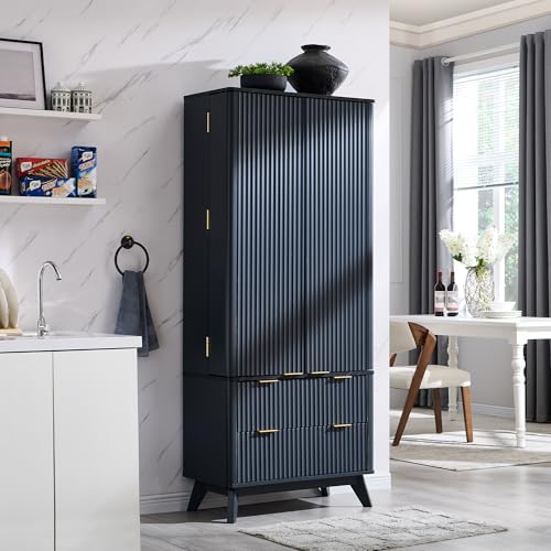 72" Dark Grey Wood Pantry Cabinet with 10 Door Shelves & 2 Drawers T9218