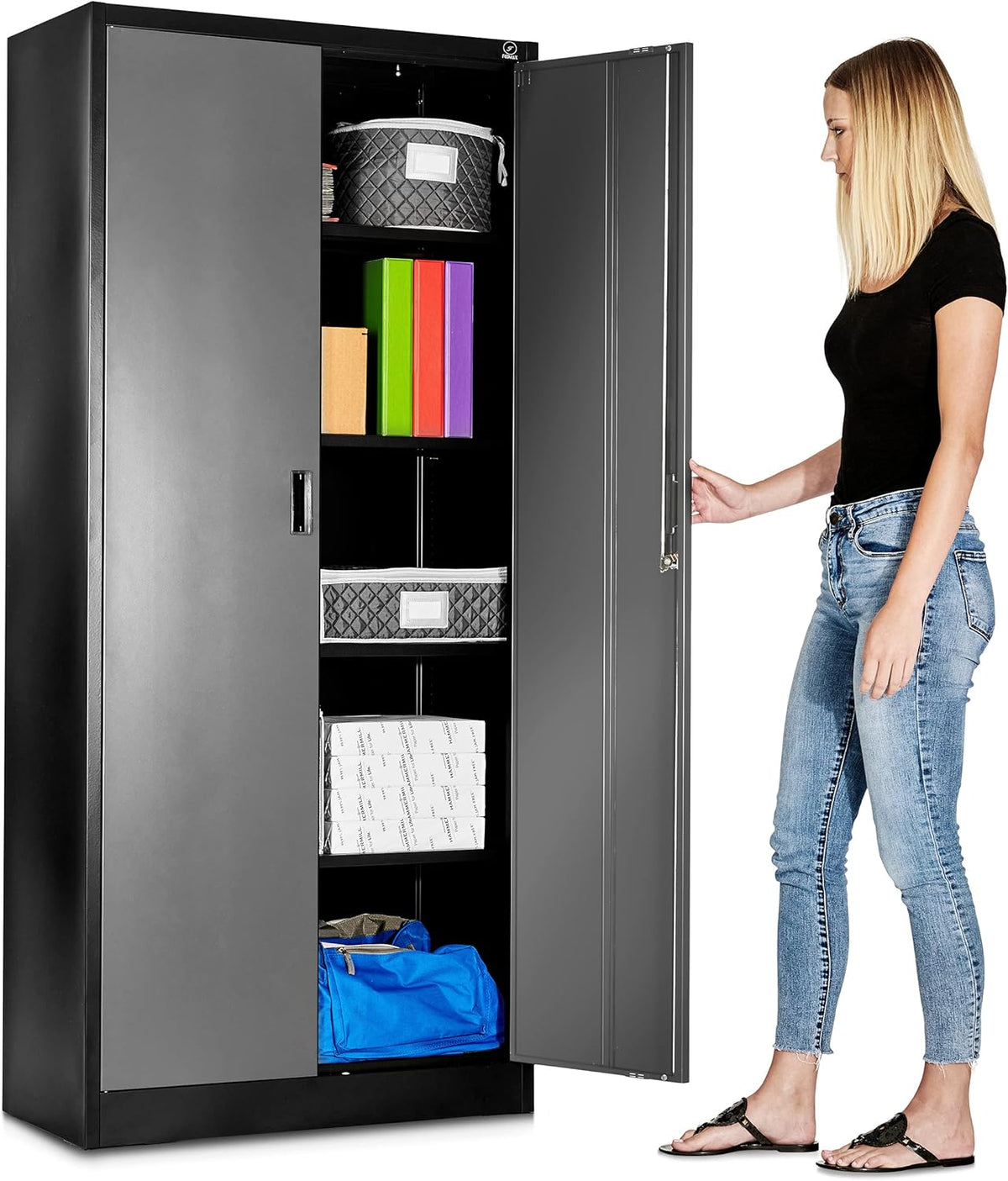 Black Steel Garage Storage Cabinet with Adjustable Shelves and Locking Doors D789