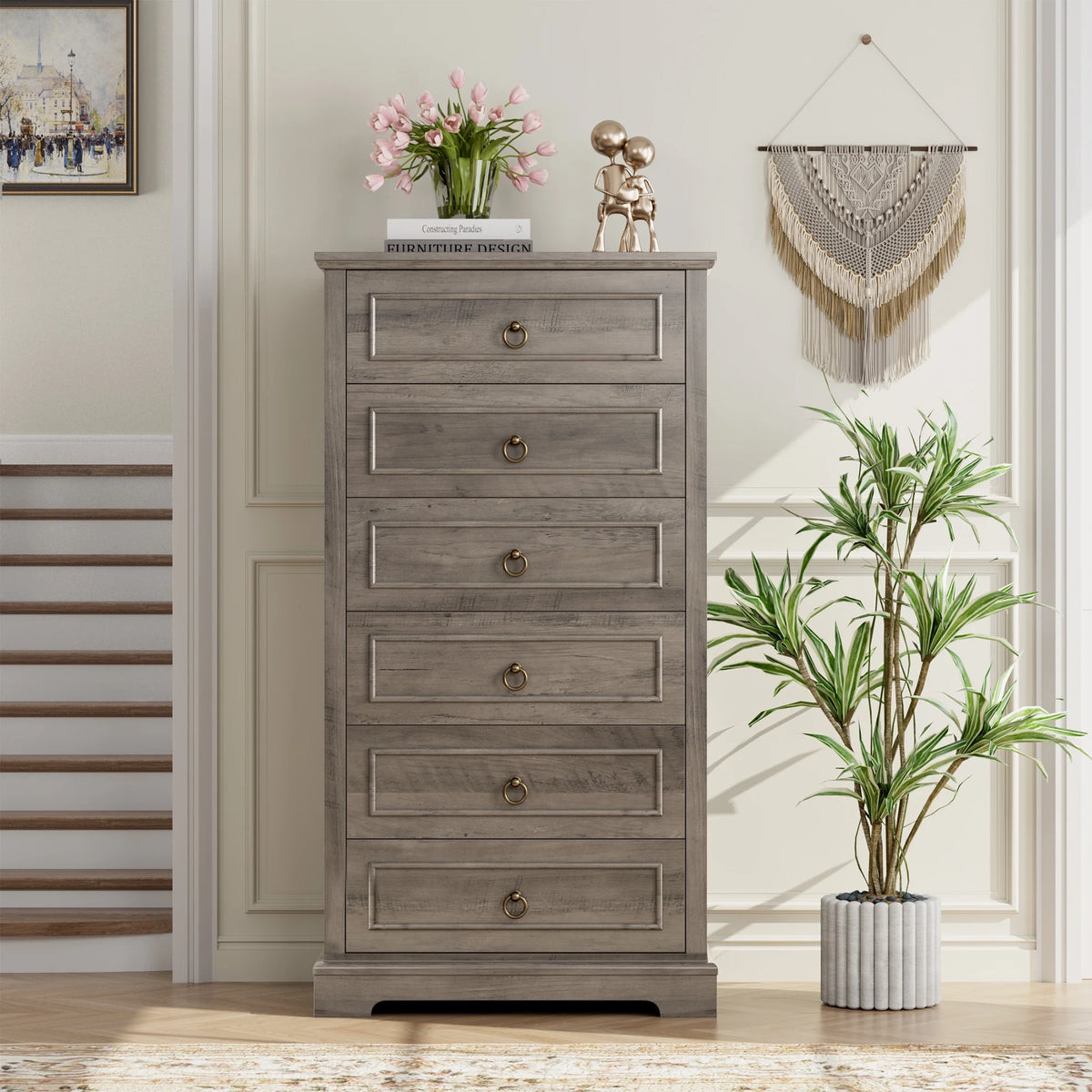 6 Drawer Tall Wood Dresser D258
