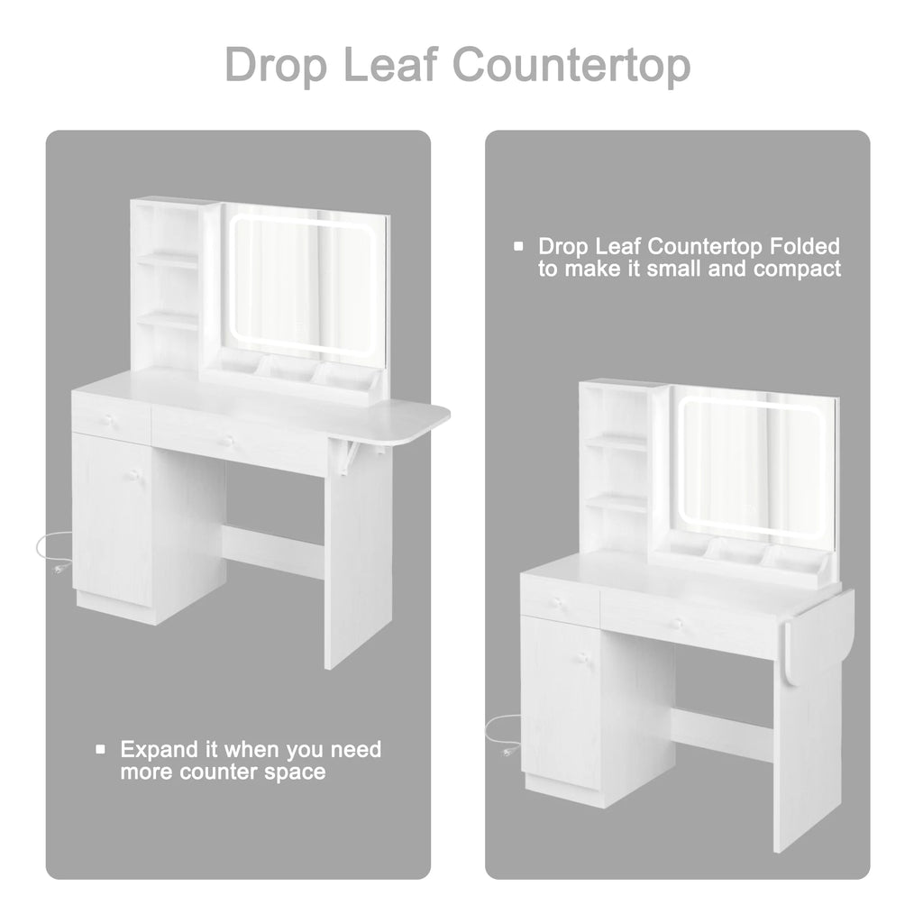 White Vanity Desk with Lighted Mirror and Storage Stool E917355