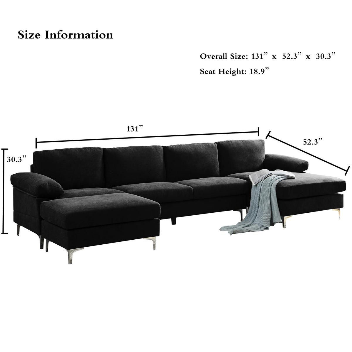 Black Polyester L-Shaped Sectional Sofa with Ottoman V304