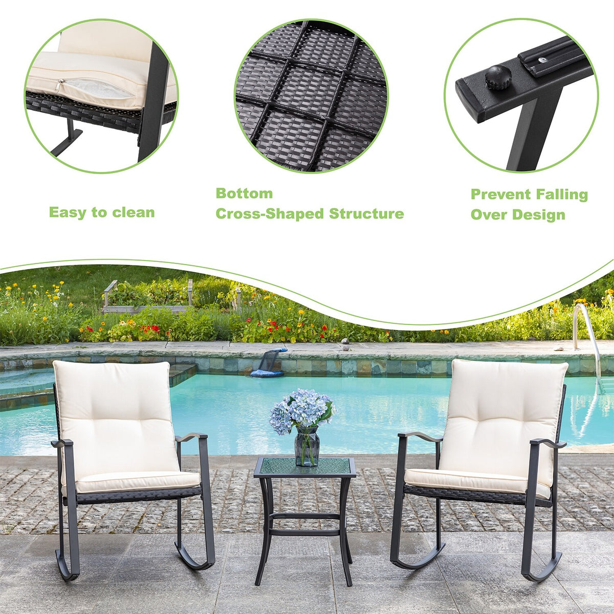 3 Piece Beige Outdoor Rocking Chair Set E566