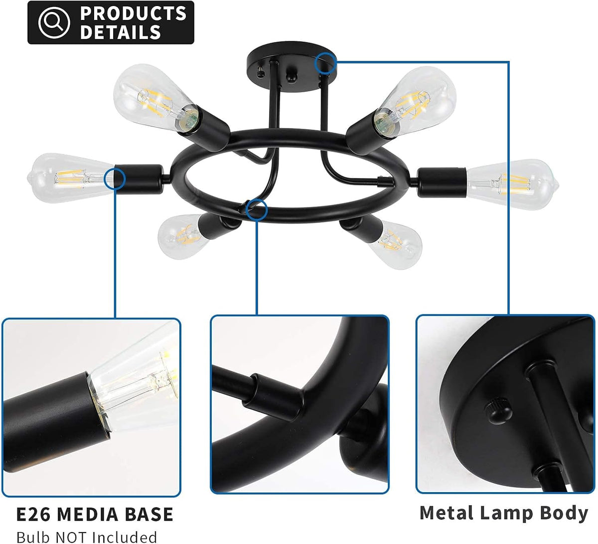 Black 6 Lights LED Semi Flush Mount Ceiling Light L6092