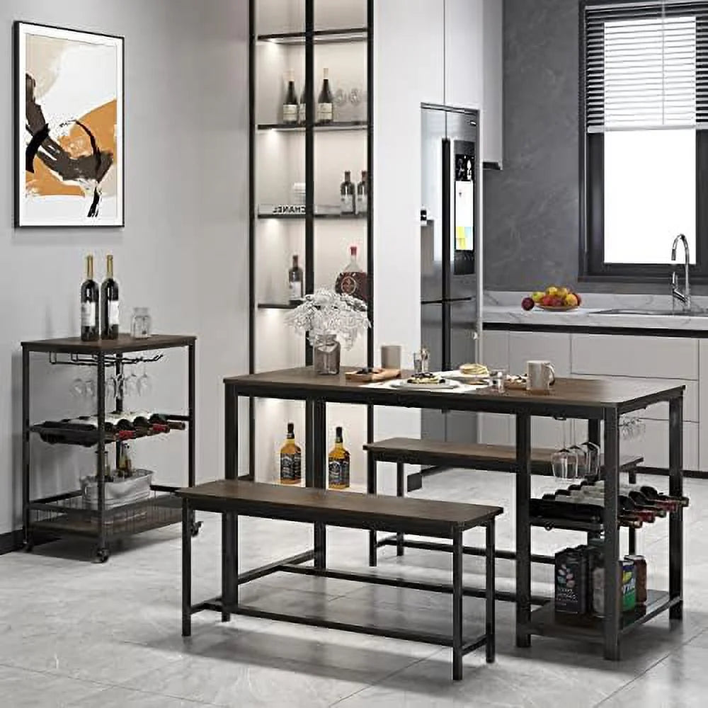 3-Piece Rustic Wood Dining Table Set with Benches K617