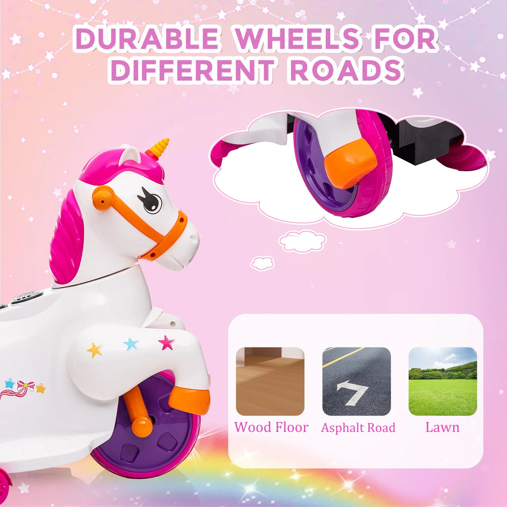 6V Unicorn Rocking Horse Toy Car with Music, Training Wheels J9265