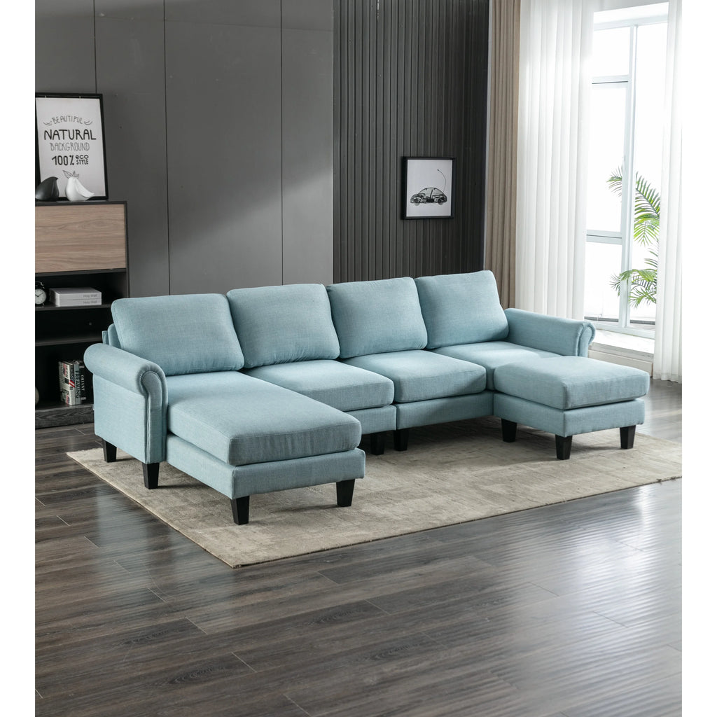 Charcoal Grey Linen U-shape Sofa Set with Reversible Ottomans Z77557