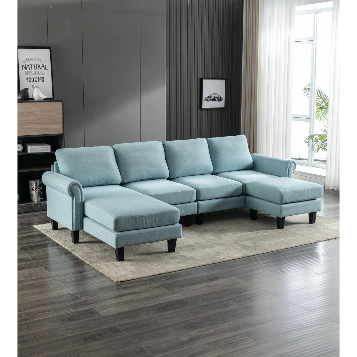 Charcoal Grey Linen U-shape Sofa Set with Reversible Ottomans Z77557