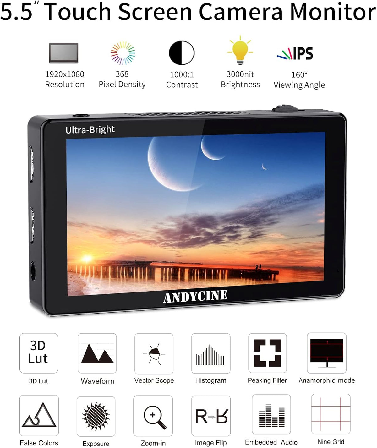 5.5 Inch 3000nit Touch Screen On-Camera Field Monitor with F970 External Power 4K HDMI Input Output Y38897