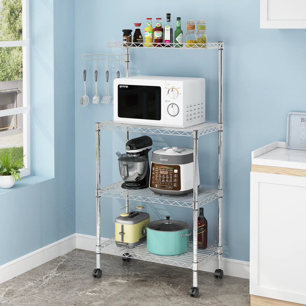 4-Tier Chrome Kitchen Storage Rack with Hanging Hooks E87836