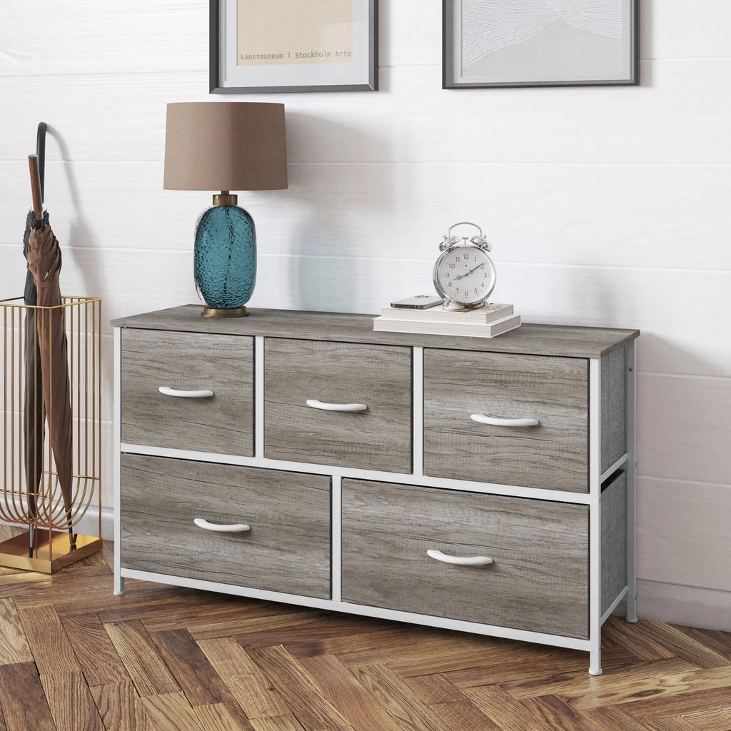 5 Drawer Storage Dresser with White Cast Iron Frame and Light Natural Wood Top D9239