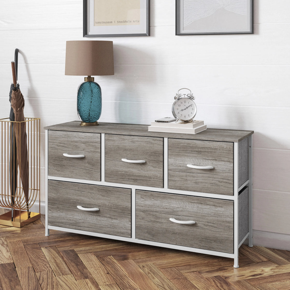 5 Drawer Storage Dresser with White Cast Iron Frame and Light Natural Wood Top D9239