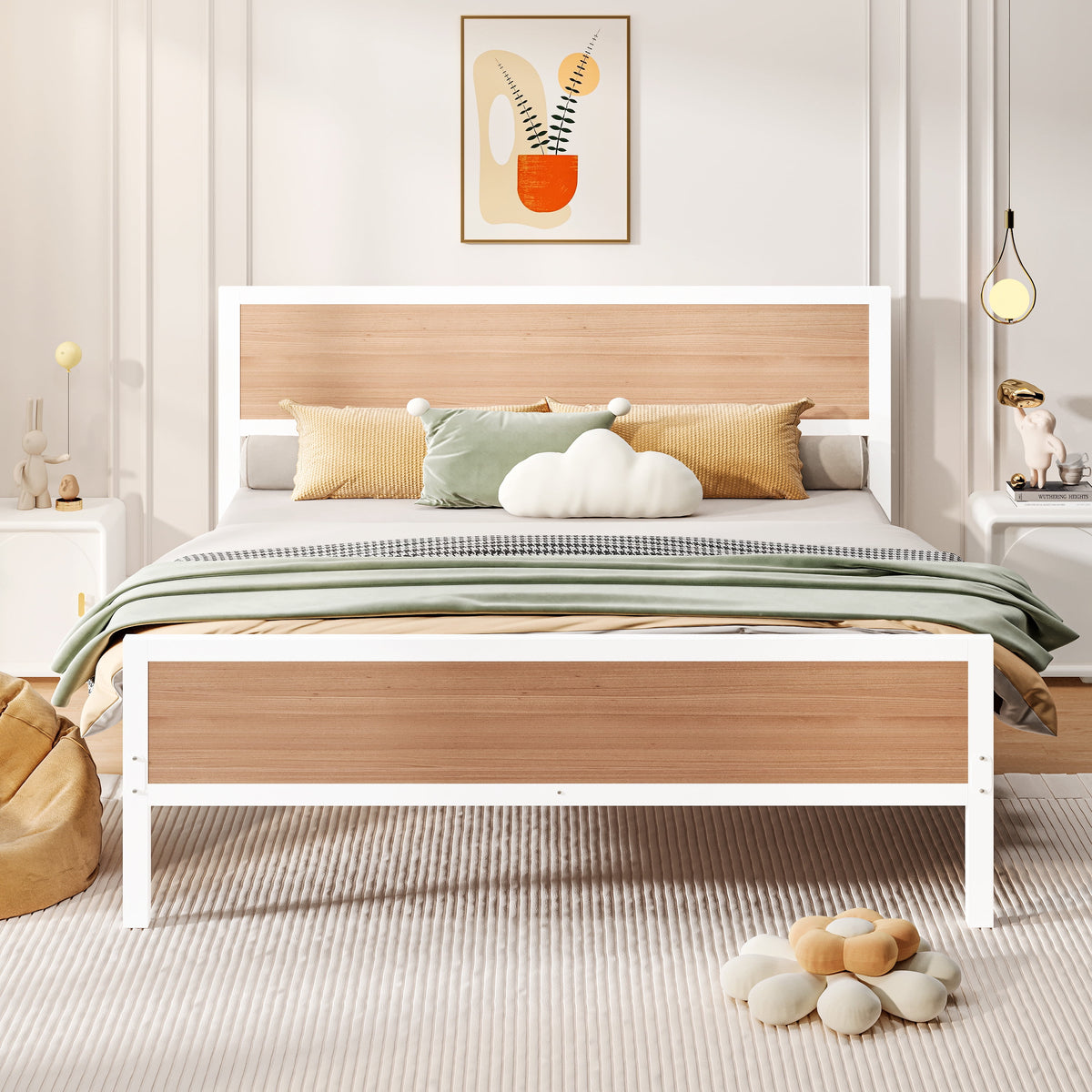 White Full Size Metal Platform Bed Frame with Headboard and Footboard Q15706