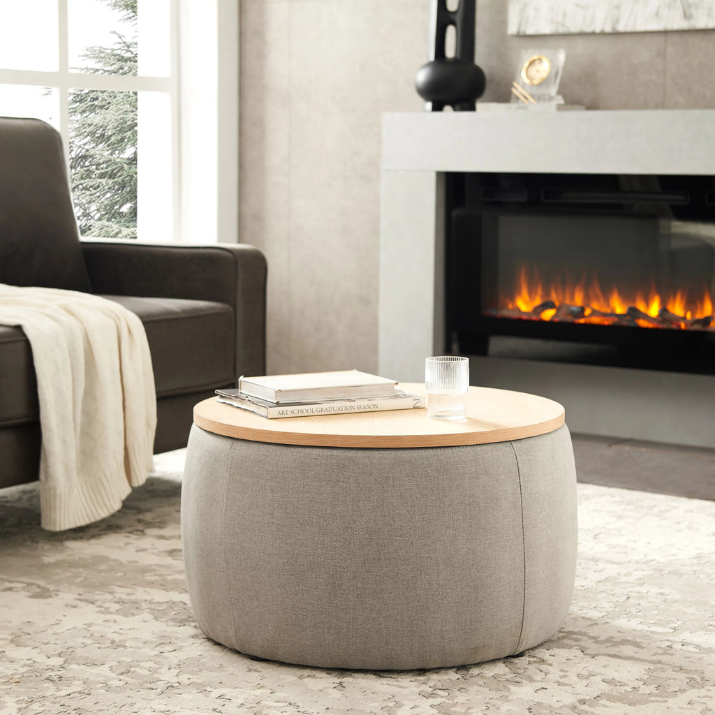 Grey Round Storage Ottoman with Wood Tray S88918