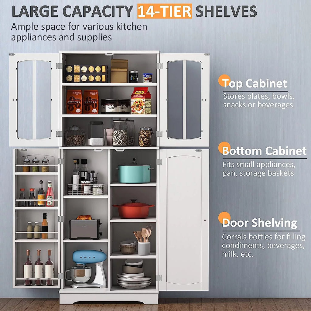 White Wood Kitchen Pantry Storage Cabinet with Doors and Shelves Q753831
