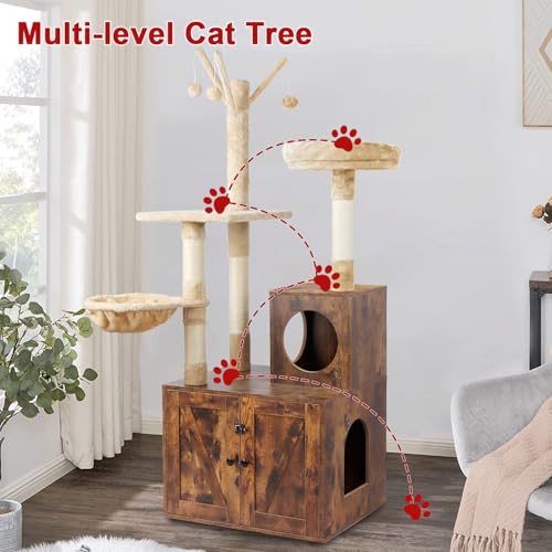 2-in-1 Wooden Cat Tree Tower with Litter Box Enclosure P48294