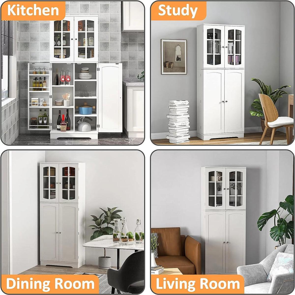 White Wood Kitchen Pantry Storage Cabinet with Doors and Shelves Q753831
