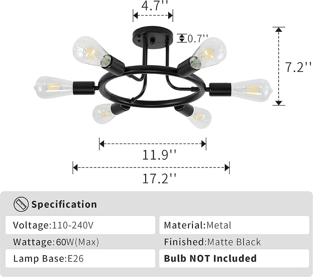 Black 6 Lights LED Semi Flush Mount Ceiling Light L6092