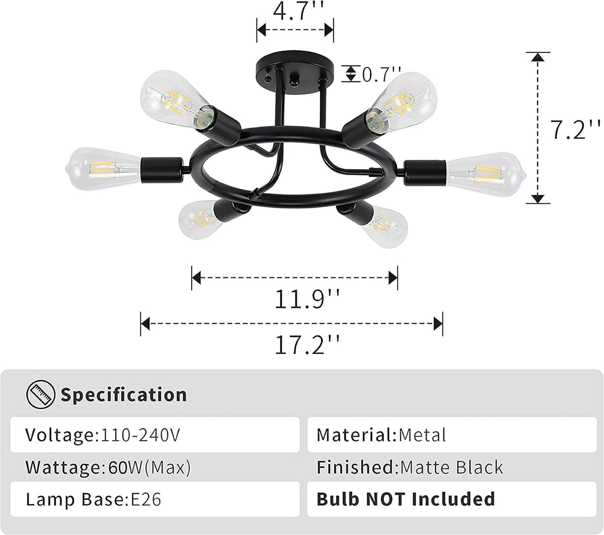 Black 6 Lights LED Semi Flush Mount Ceiling Light L6092