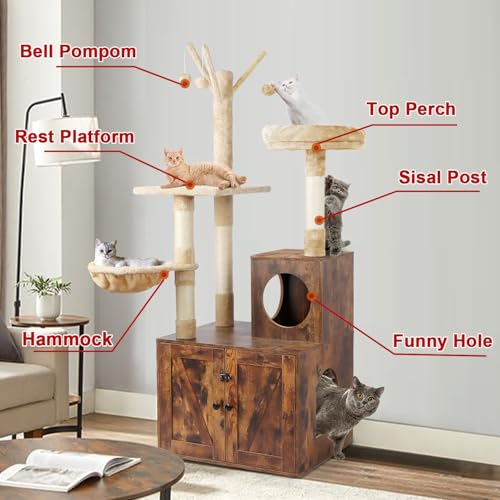 2-in-1 Wooden Cat Tree Tower with Litter Box Enclosure P48294