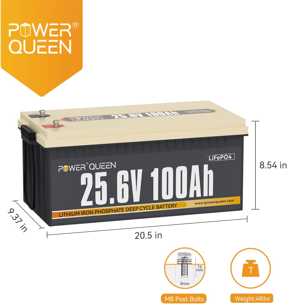 25.6V 100Ah 2.56kWh Deep Cycle LiFePO4 Battery with 100A BMS E1293