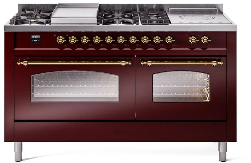 60 Dual Fuel Natural Gas Range in Burgundy with Brass Trim G24562