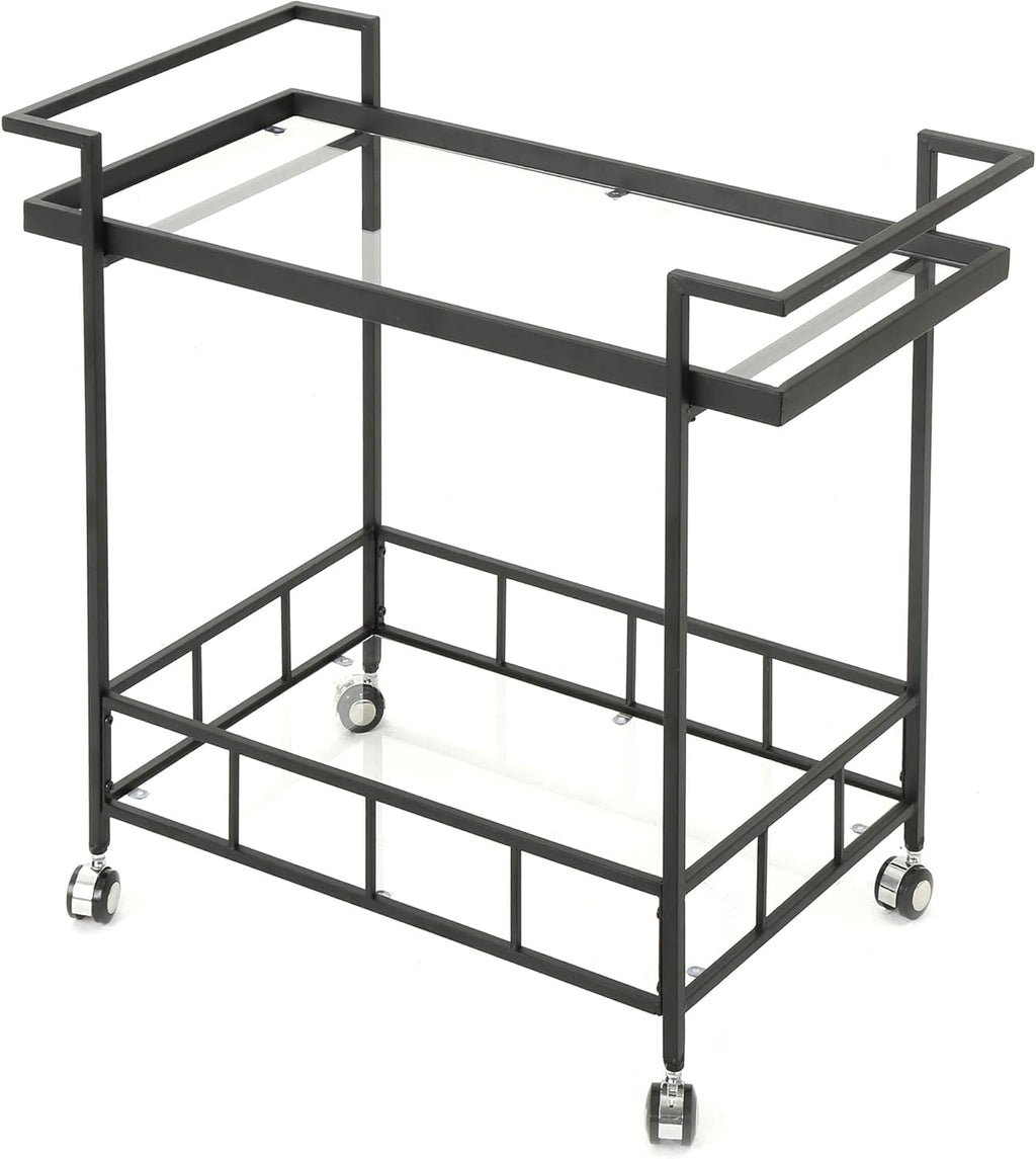 Black Industrial Iron Bar Cart with Tempered Glass Shelves W75057