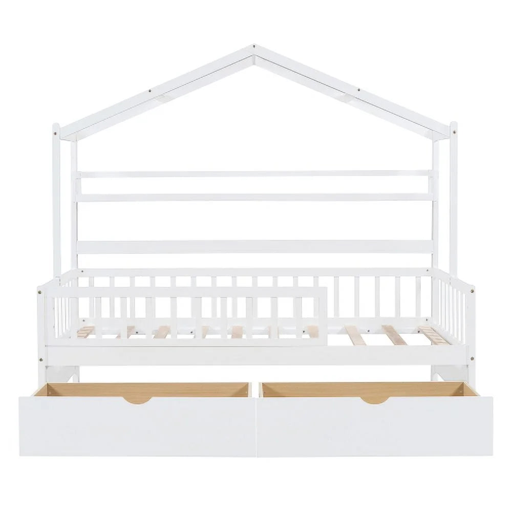 White Twin Size Wooden House Bed with 2 Drawers G903823