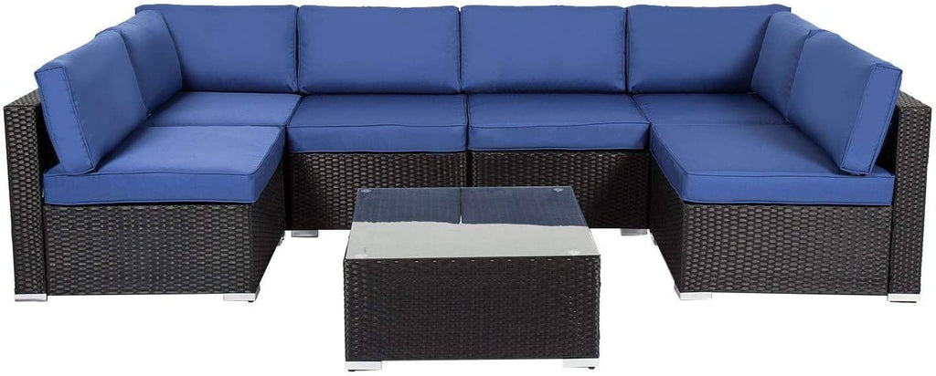 7 Pcs Outdoor Patio Wicker Sofa Chair Cushions Pillow Replacement Covers, Dark Blue D91045