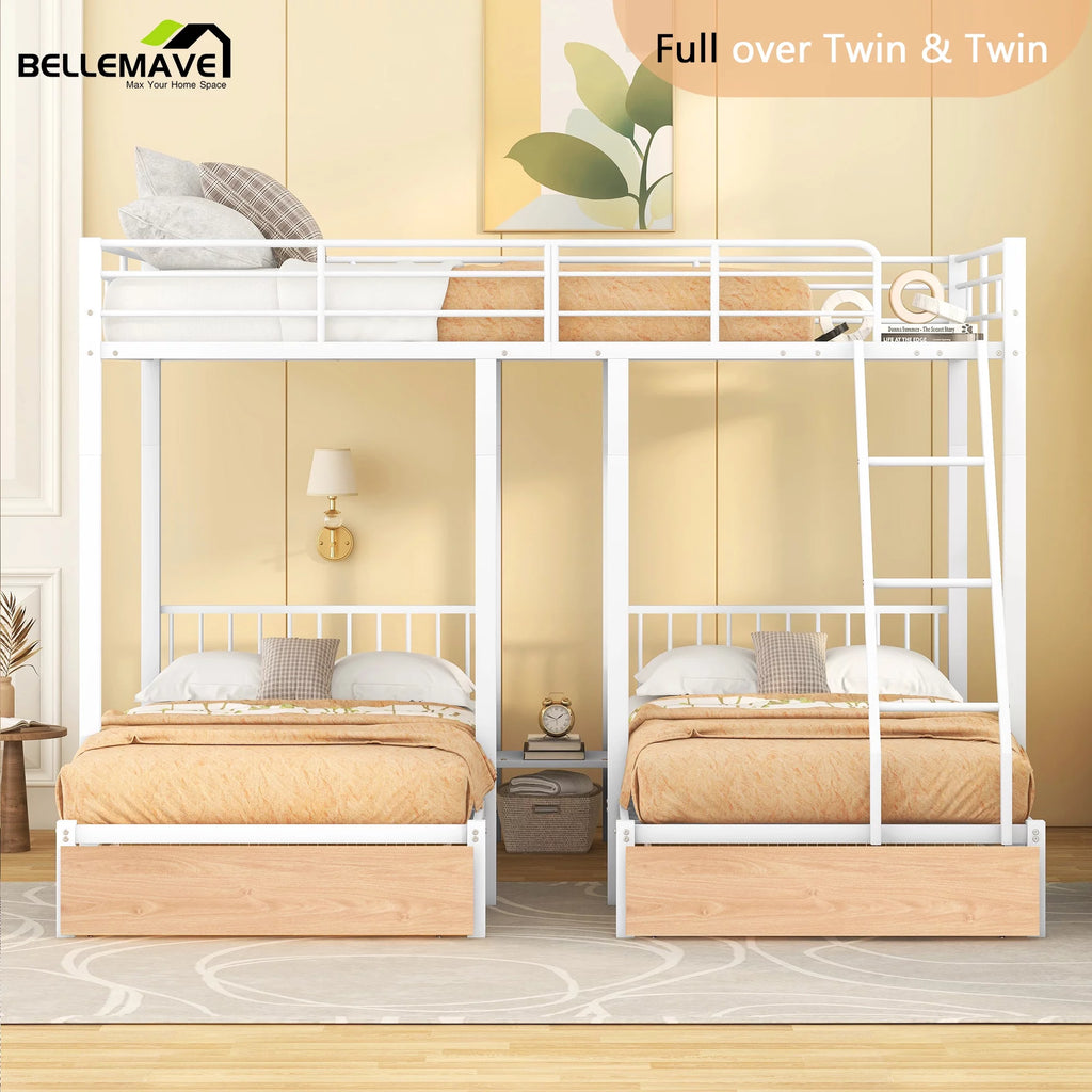 White Metal Triple Bunk Bed with Storage Drawers F91029