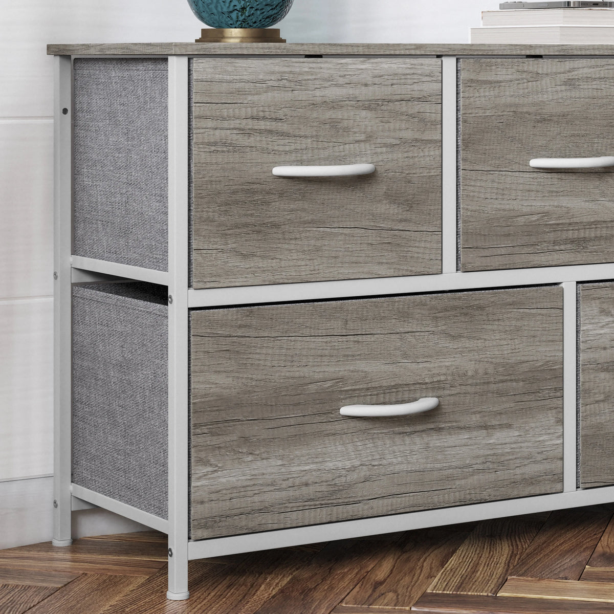 5 Drawer Storage Dresser with White Cast Iron Frame and Light Natural Wood Top D9239