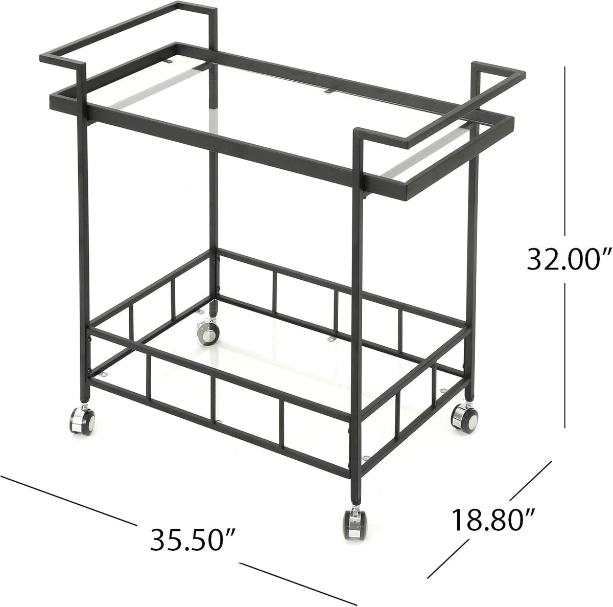 Black Industrial Iron Bar Cart with Tempered Glass Shelves W75057