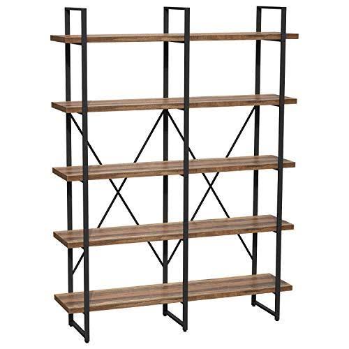 Double Wide 5-Tier Open Bookcase Wood and Metal Shelves K2378
