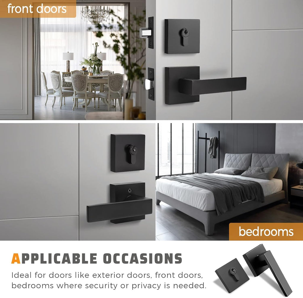 6 Pack Square Matte Black Door Handle Set with Double Keyed Deadbolt E627