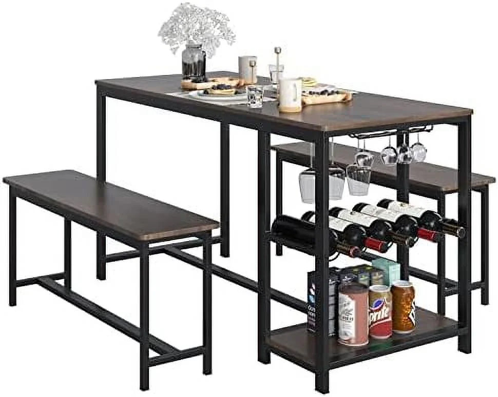3-Piece Rustic Wood Dining Table Set with Benches K617