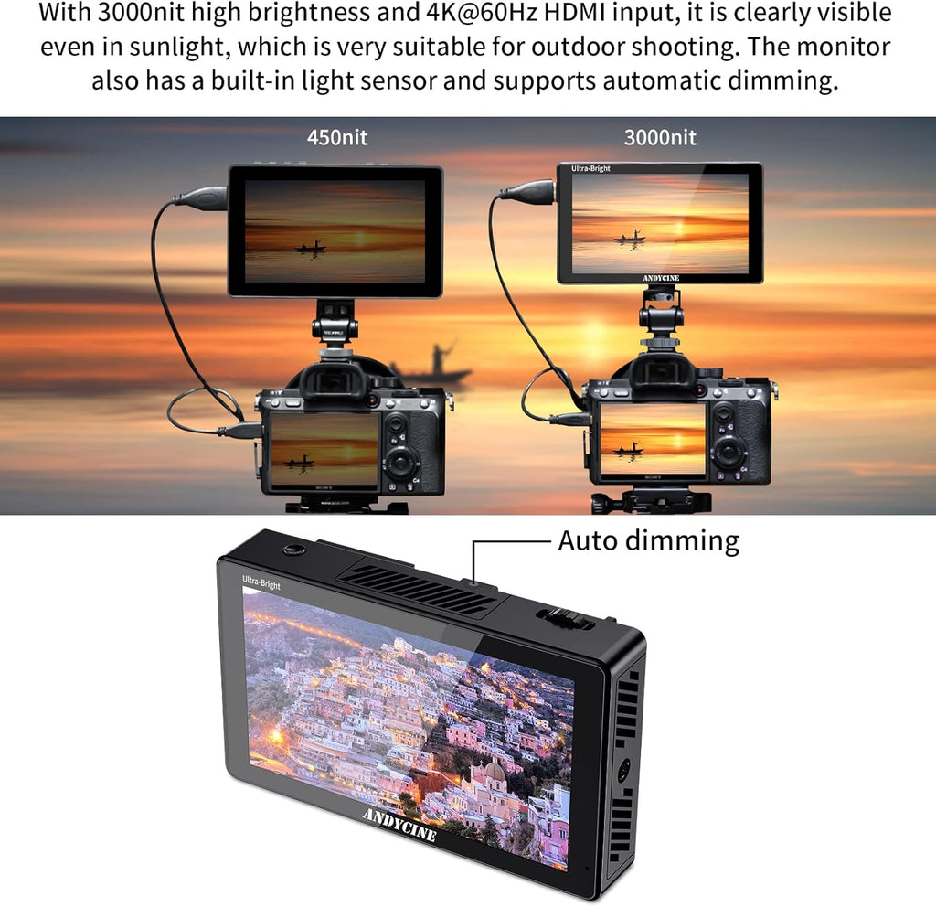 5.5 Inch 3000nit Touch Screen On-Camera Field Monitor with F970 External Power 4K HDMI Input Output Y38897