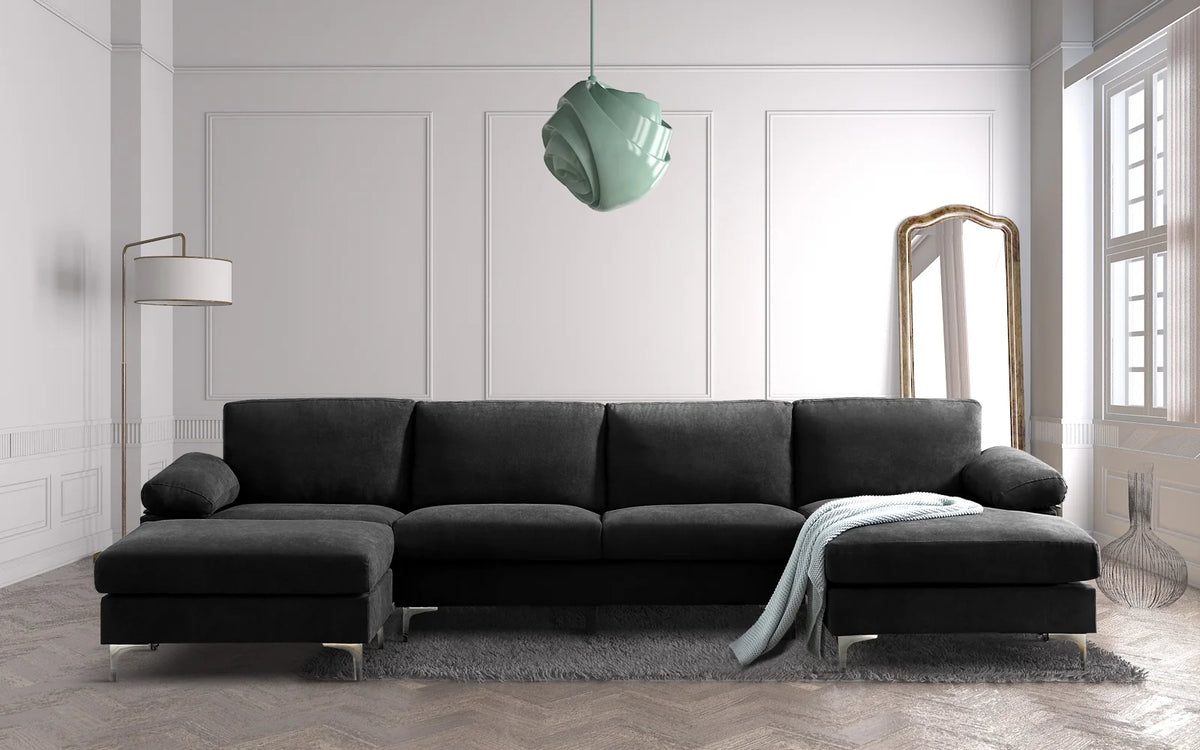 Black Polyester L-Shaped Sectional Sofa with Ottoman V304