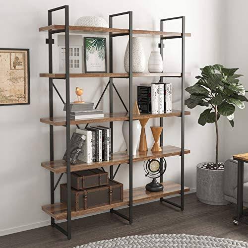 Double Wide 5-Tier Open Bookcase Wood and Metal Shelves K2378