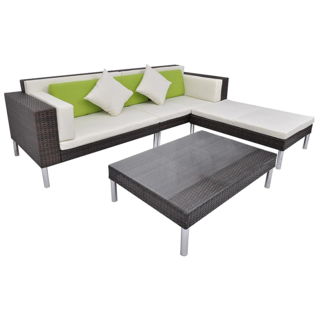 4 Piece Outdoor Conversation Set Cushioned Corner Sofa with Ottoman and Coffee Table Sectional Sofa Set Brown Poly Rattan H8079
