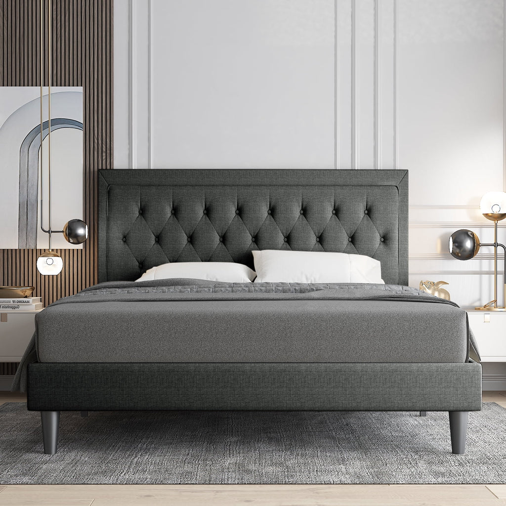 Queen Size Upholstered Platform Bed with Adjustable Headboard H545
