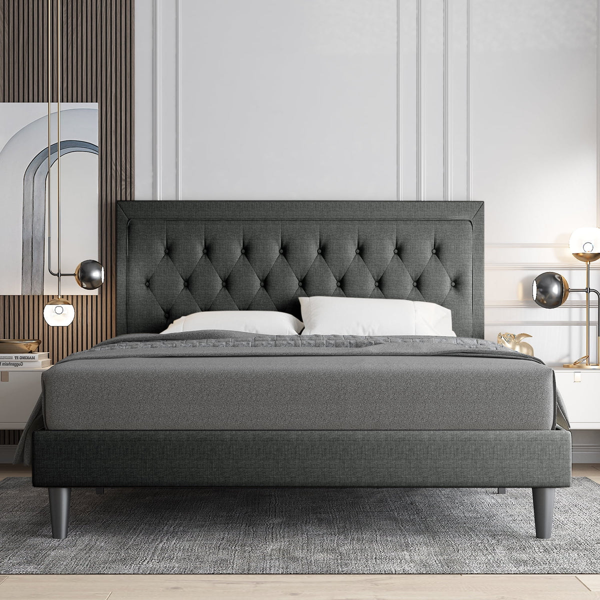 Queen Size Upholstered Platform Bed with Adjustable Headboard H545