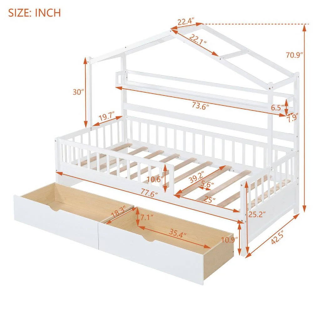 White Twin Size Wooden House Bed with 2 Drawers G903823