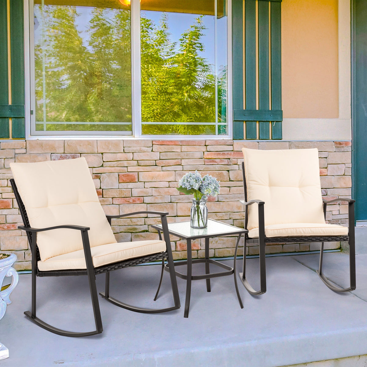 3 Piece Beige Outdoor Rocking Chair Set E566