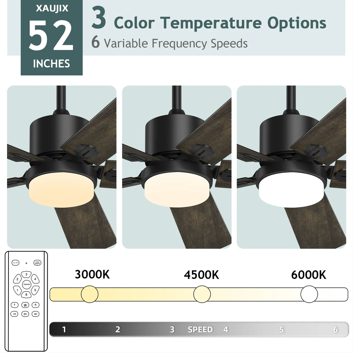 Ceiling Fan with Light and Remote Control, 52 '' 6-Speed Reversible 5 Wood Blades O606