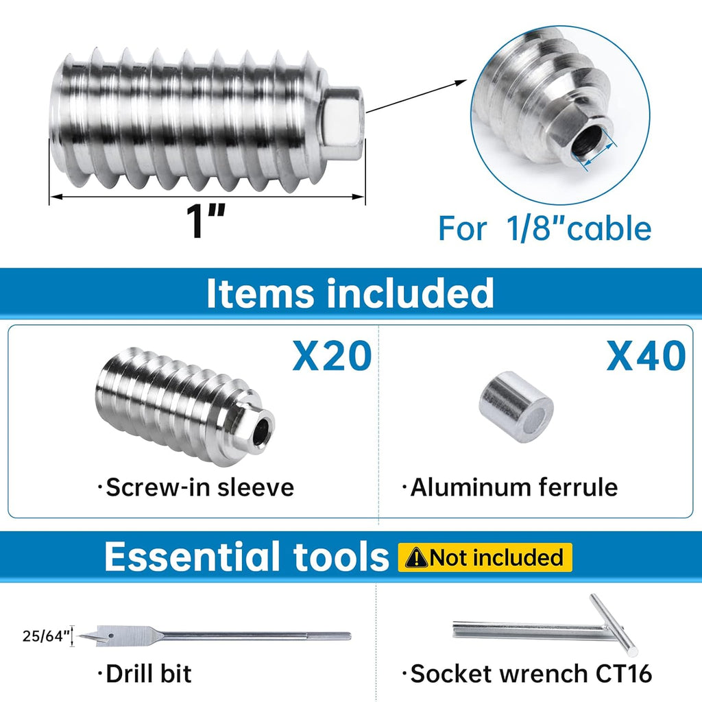 20Pack 1/8" Invisible Cable Railing Kit T316 Stainless Steel for Wood Posts Deck Stairs R3074