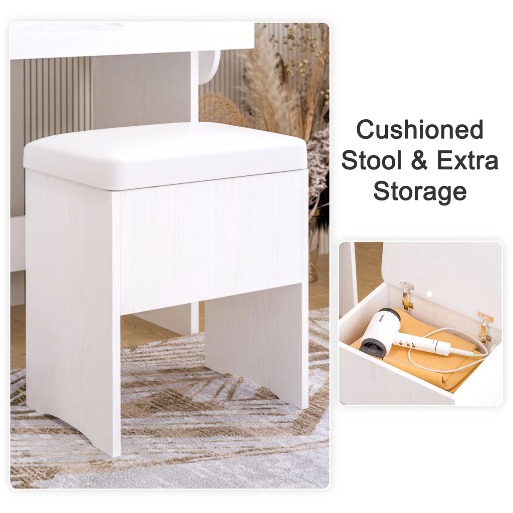 White Vanity Desk with Lighted Mirror and Storage Stool E917355