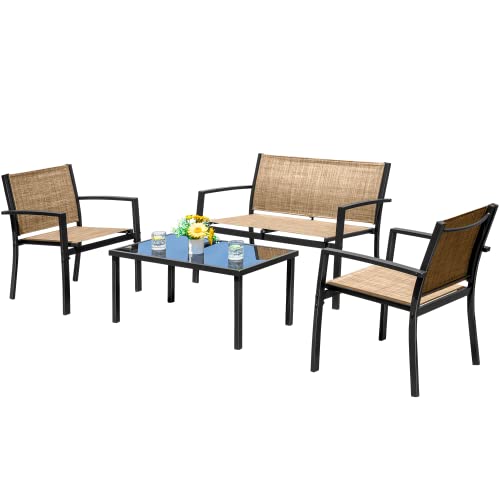4 Pieces Patio Furniture Set with Glass Coffee Table D748812