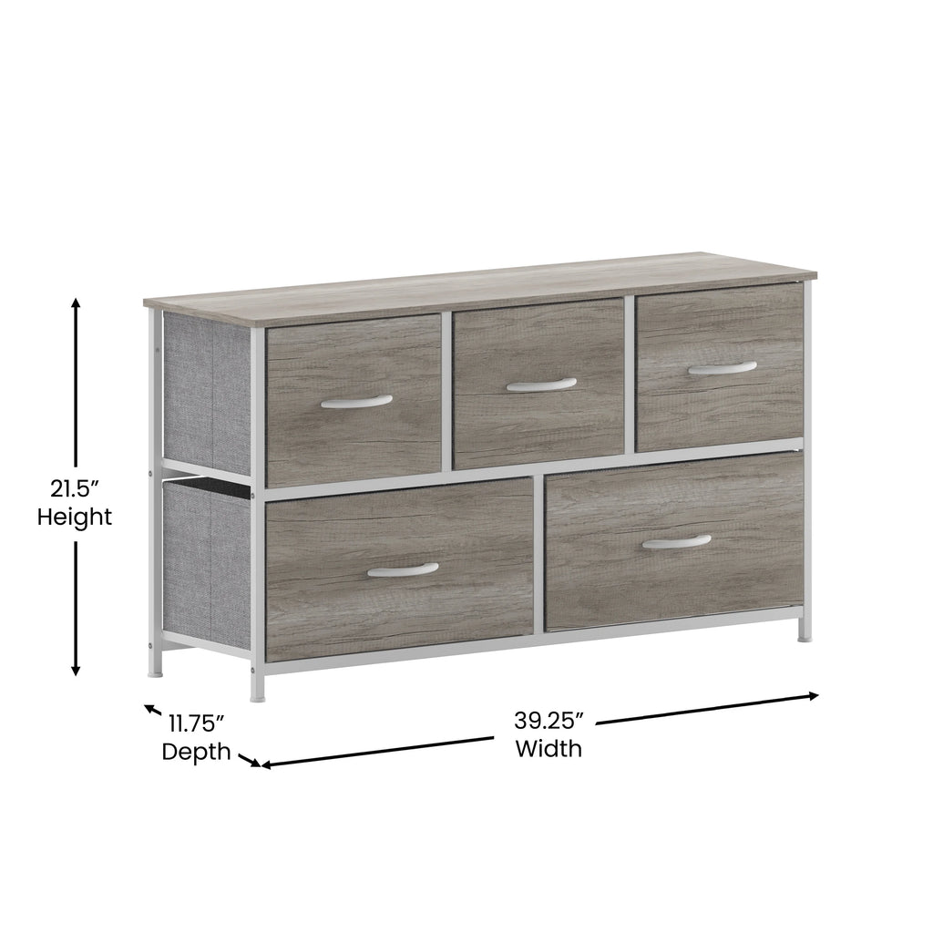 5 Drawer Storage Dresser with White Cast Iron Frame and Light Natural Wood Top D9239