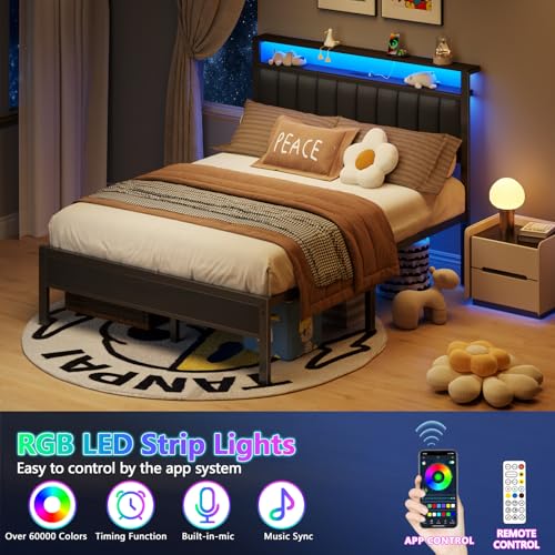 Full Size Bed Frame with Charging Station and LED Lights T877964