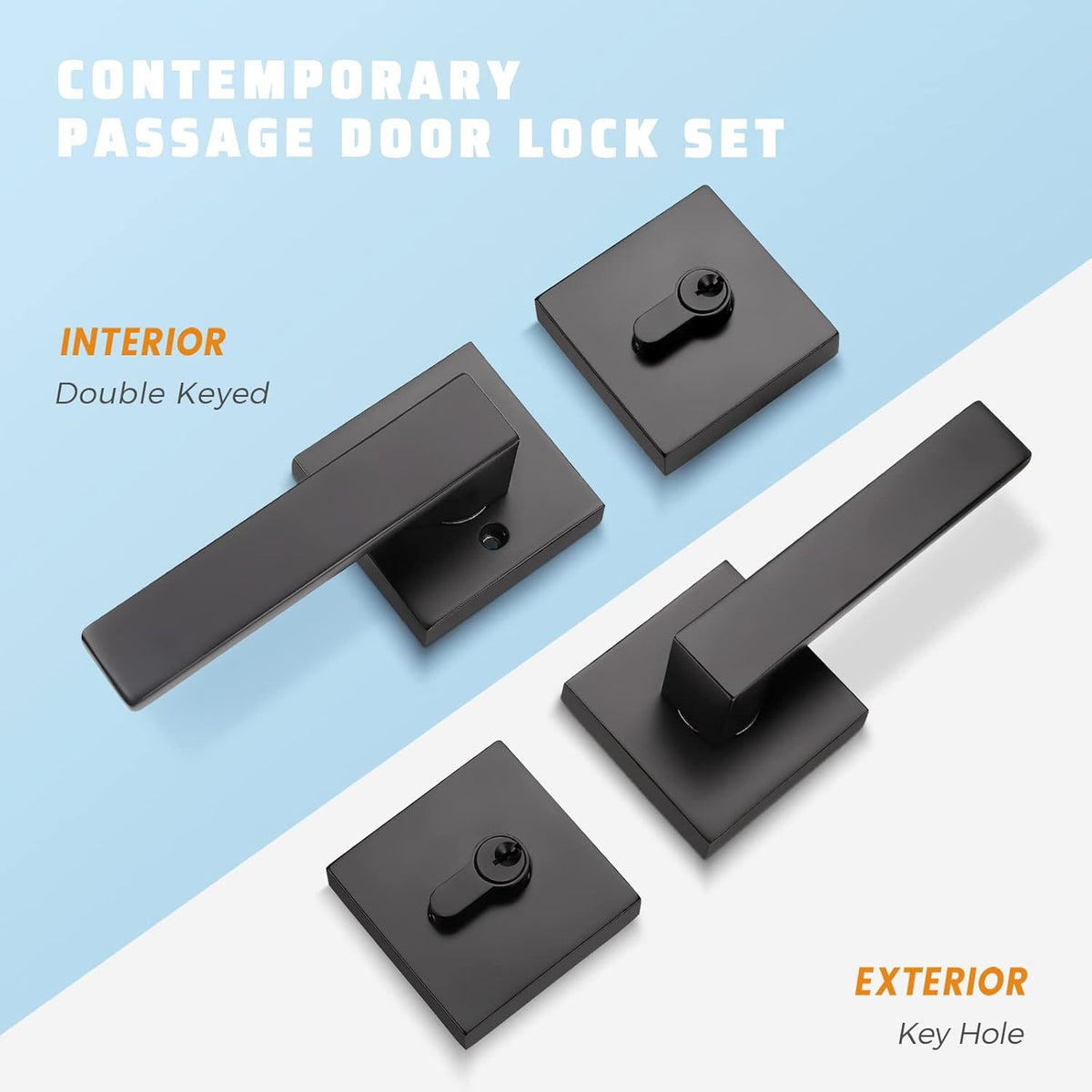 6 Pack Square Matte Black Door Handle Set with Double Keyed Deadbolt E627