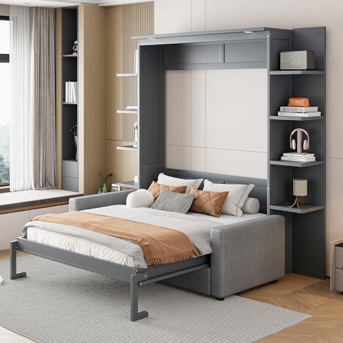 Queen Size Gray Murphy Bed with Sofa Cushion Y857752